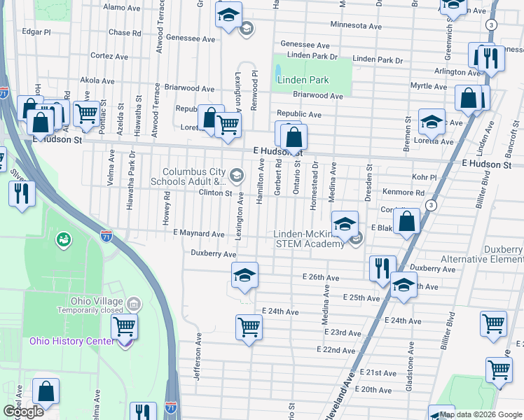 map of restaurants, bars, coffee shops, grocery stores, and more near 2211 Gerbert Road in Columbus