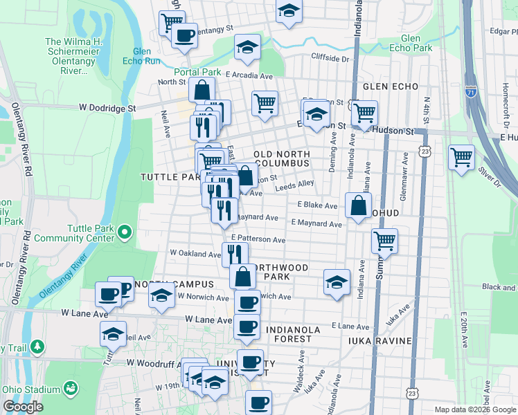 map of restaurants, bars, coffee shops, grocery stores, and more near 63 East Maynard Avenue in Columbus