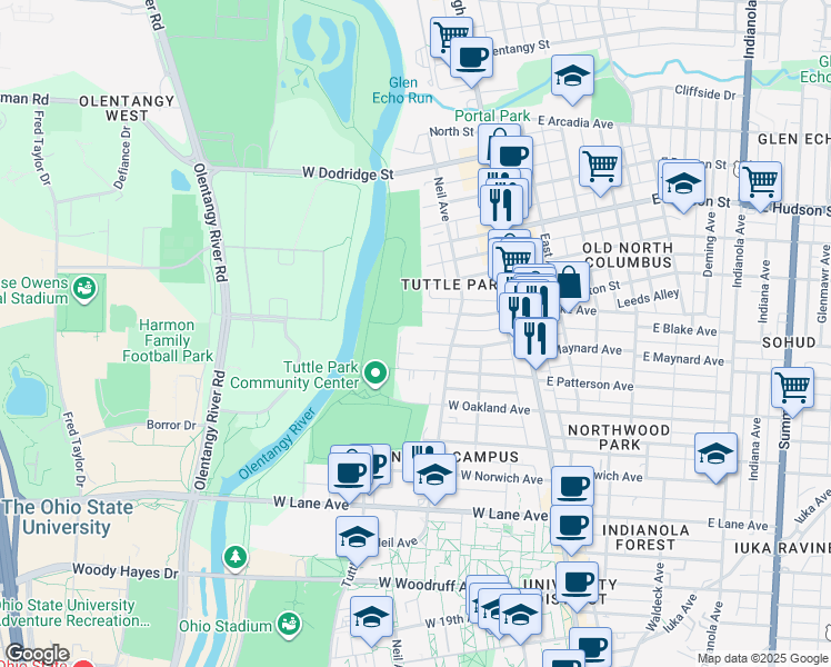 map of restaurants, bars, coffee shops, grocery stores, and more near 161 West Maynard Avenue in Columbus