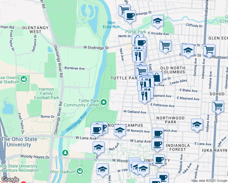 map of restaurants, bars, coffee shops, grocery stores, and more near 161 West Maynard Avenue in Columbus