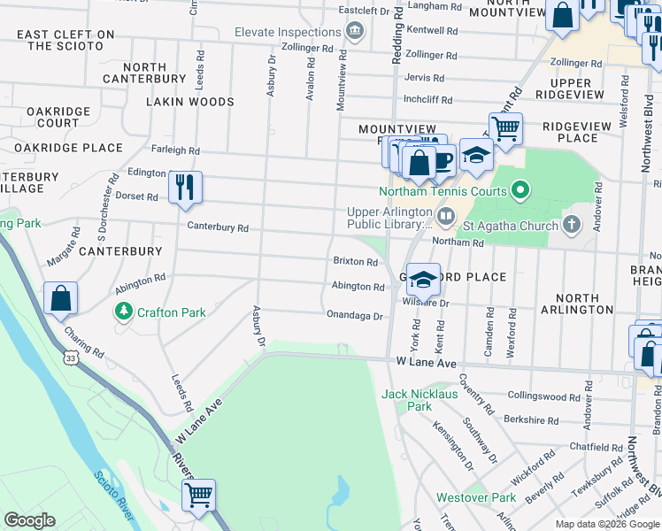 map of restaurants, bars, coffee shops, grocery stores, and more near 2308 Abington Road in Upper Arlington