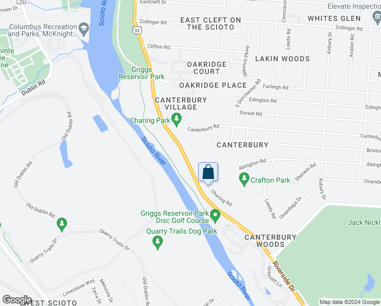 map of restaurants, bars, coffee shops, grocery stores, and more near 2811 Charing Road in Columbus