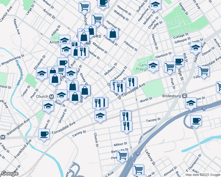 map of restaurants, bars, coffee shops, grocery stores, and more near 1922 Orthodox Street in Philadelphia