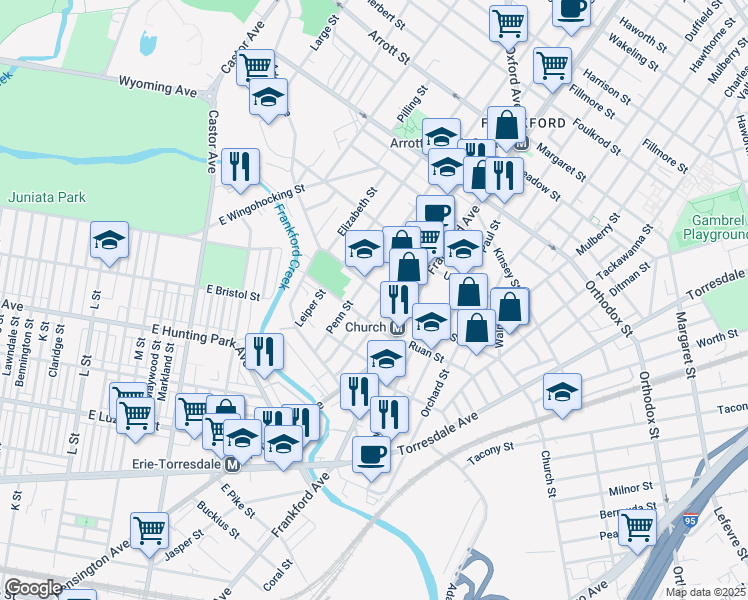 map of restaurants, bars, coffee shops, grocery stores, and more near 4292 Griscom Street in Philadelphia