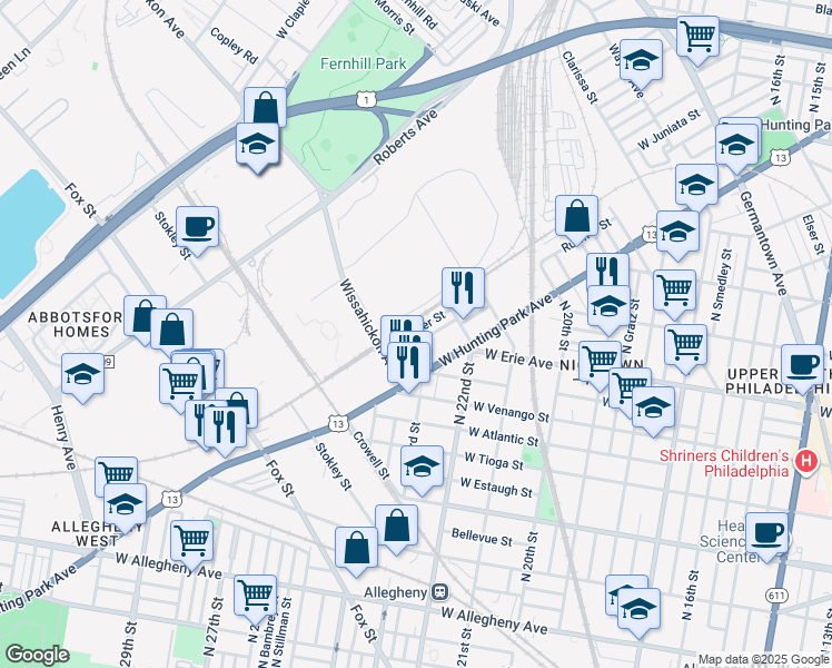map of restaurants, bars, coffee shops, grocery stores, and more near 2256 Ruffner Street in Philadelphia