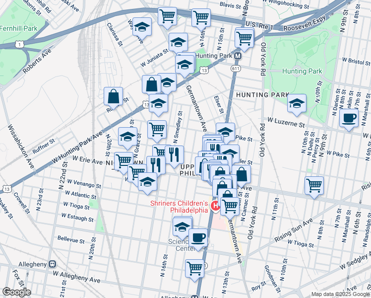 map of restaurants, bars, coffee shops, grocery stores, and more near 1539 West Butler Street in Philadelphia