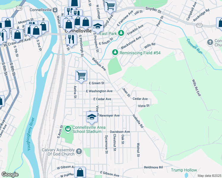 map of restaurants, bars, coffee shops, grocery stores, and more near 401 East Washington Avenue in Connellsville