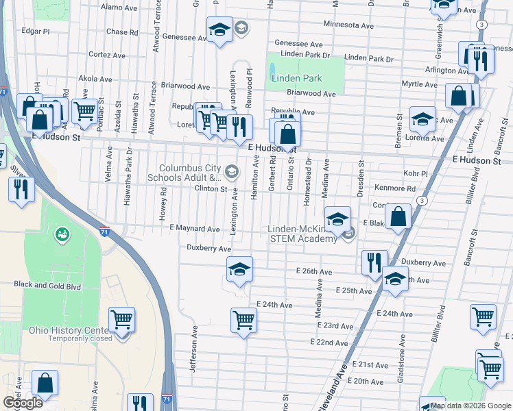 map of restaurants, bars, coffee shops, grocery stores, and more near 2211 Gerbert Road in Columbus