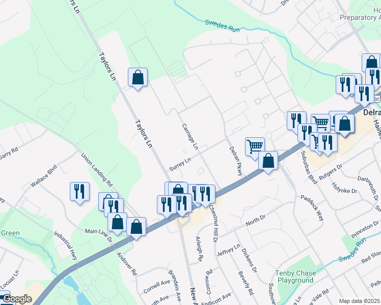 map of restaurants, bars, coffee shops, grocery stores, and more near 201 Carriage Lane in Delran