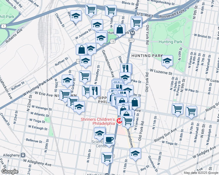 map of restaurants, bars, coffee shops, grocery stores, and more near 3812 North 15th Street in Philadelphia