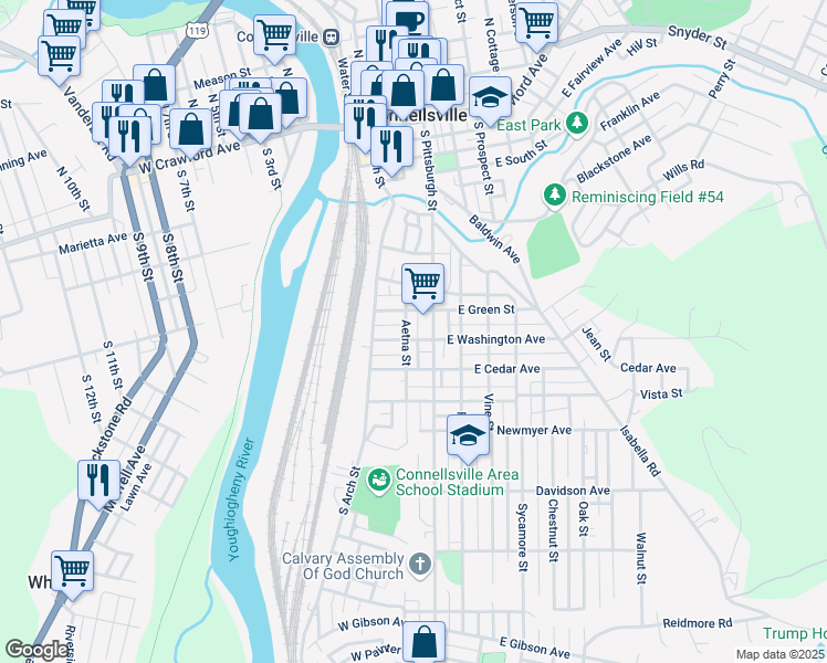 map of restaurants, bars, coffee shops, grocery stores, and more near 108 West Washington Avenue in Uniontown