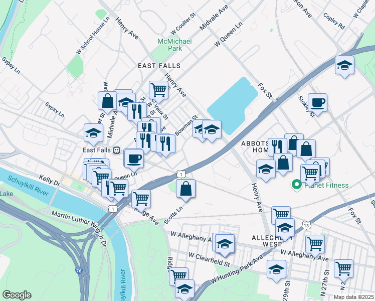 map of restaurants, bars, coffee shops, grocery stores, and more near 3301 Scotts Lane in Philadelphia