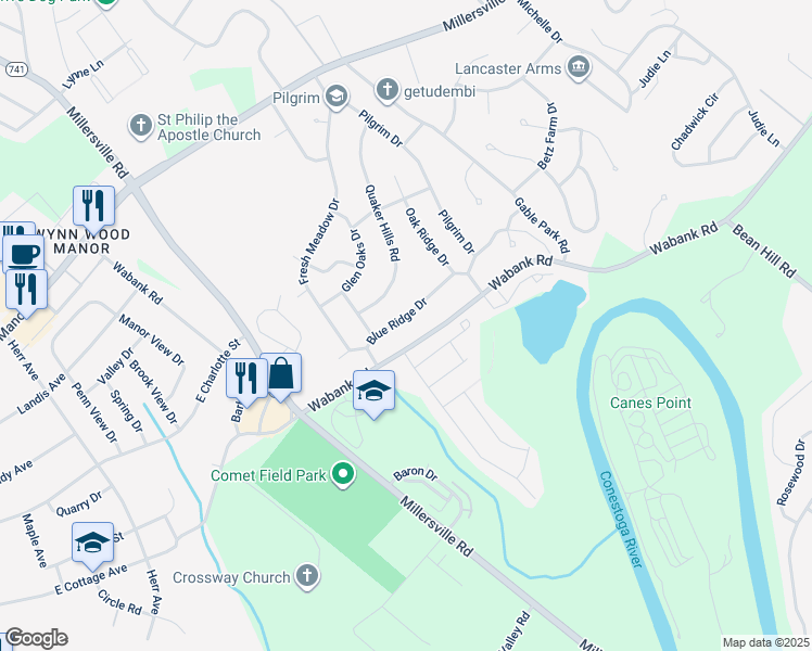 map of restaurants, bars, coffee shops, grocery stores, and more near 1924 Blue Ridge Drive in Lancaster