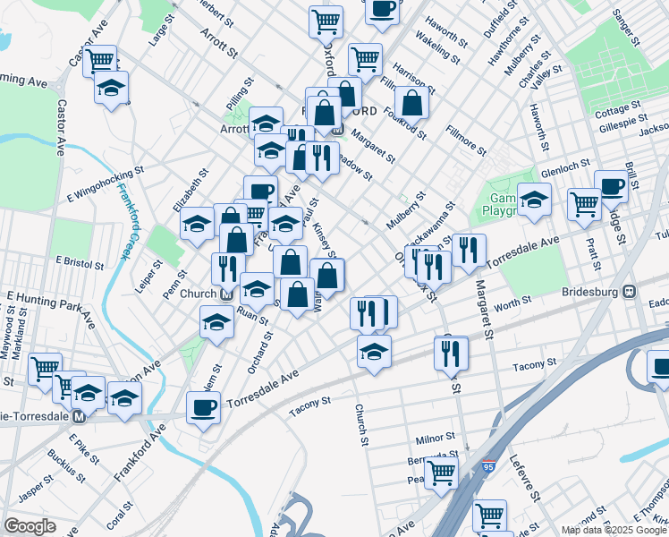 map of restaurants, bars, coffee shops, grocery stores, and more near 1802 Kinsey Street in Philadelphia