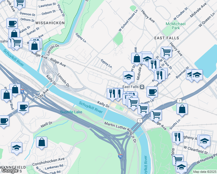 map of restaurants, bars, coffee shops, grocery stores, and more near 3724 Merrick Road in Philadelphia