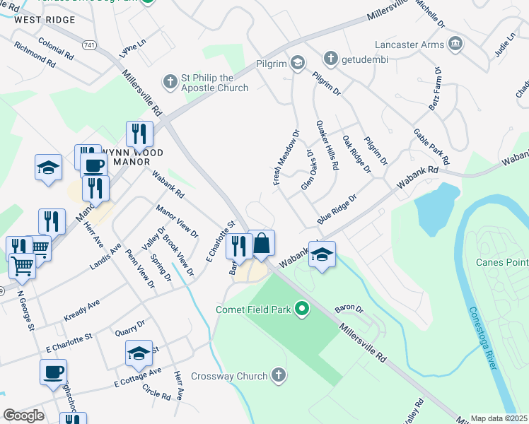 map of restaurants, bars, coffee shops, grocery stores, and more near 160 Oak Knoll Circle in Millersville