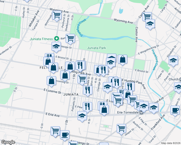map of restaurants, bars, coffee shops, grocery stores, and more near 4150 Bennington Street in Philadelphia