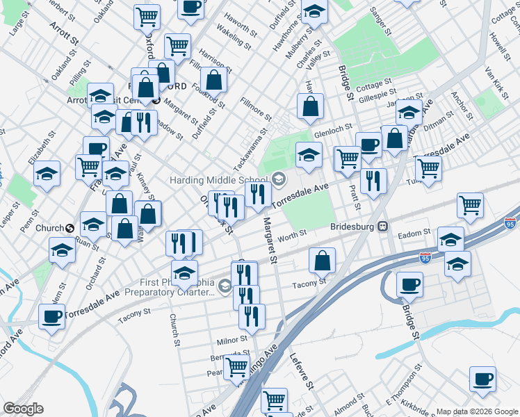 map of restaurants, bars, coffee shops, grocery stores, and more near 4664 Torresdale Avenue in Philadelphia