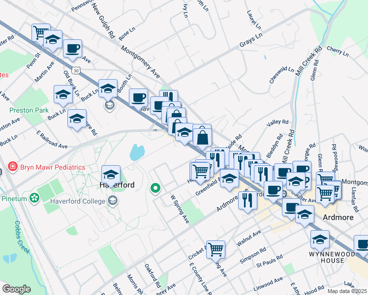 map of restaurants, bars, coffee shops, grocery stores, and more near 24 South Wyoming Avenue in Ardmore