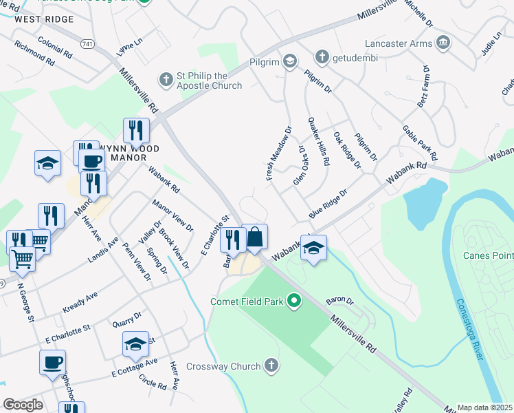 map of restaurants, bars, coffee shops, grocery stores, and more near 160 Oak Knoll Circle in Millersville