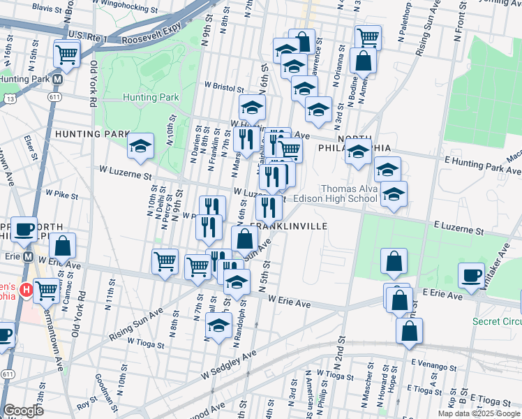 map of restaurants, bars, coffee shops, grocery stores, and more near 3934 North Reese Street in Philadelphia