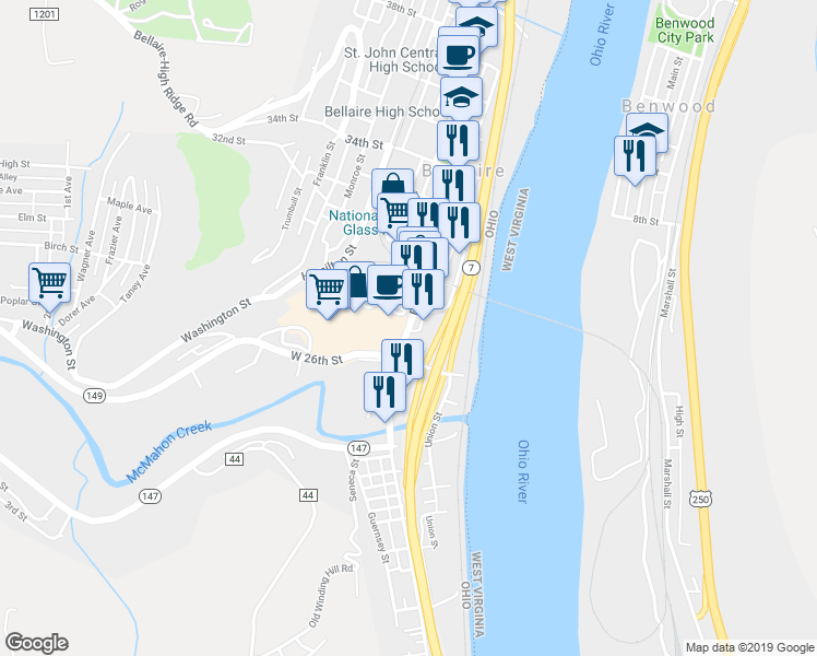 map of restaurants, bars, coffee shops, grocery stores, and more near Belmont Street & 29th Street in Bellaire