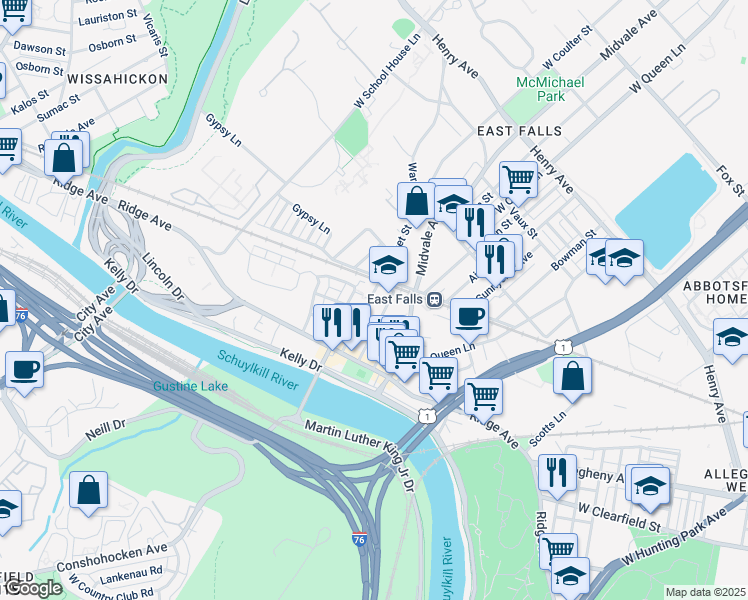 map of restaurants, bars, coffee shops, grocery stores, and more near 3678 Calumet Street in Philadelphia