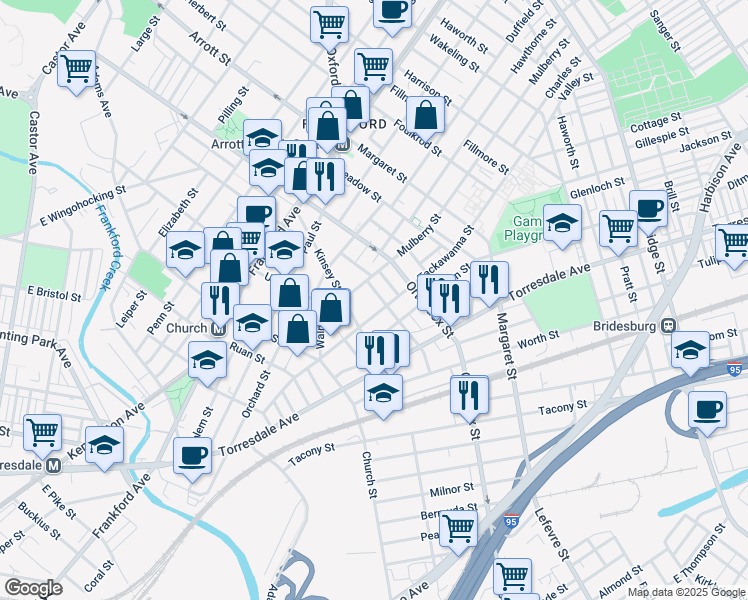map of restaurants, bars, coffee shops, grocery stores, and more near 1826 Gillingham Street in Philadelphia