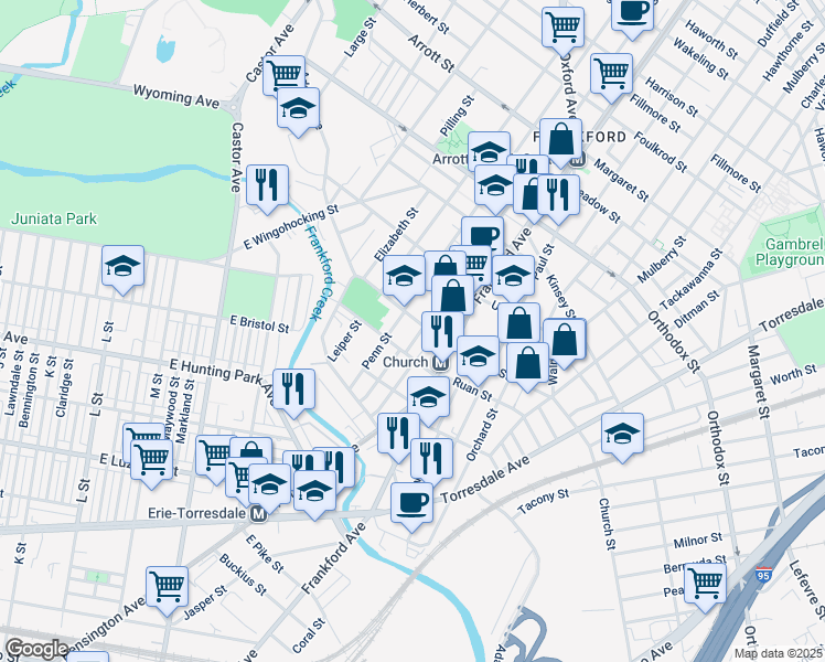 map of restaurants, bars, coffee shops, grocery stores, and more near 4292 Griscom Street in Philadelphia