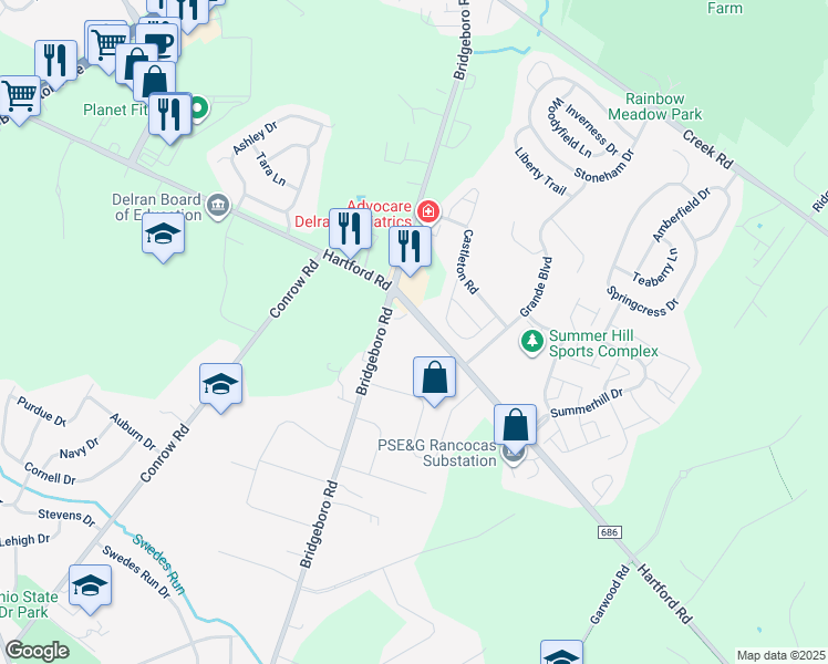 map of restaurants, bars, coffee shops, grocery stores, and more near 215 Hidden Acres Lane in Moorestown