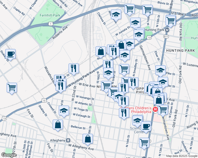 map of restaurants, bars, coffee shops, grocery stores, and more near 1944 West Carey Street in Philadelphia