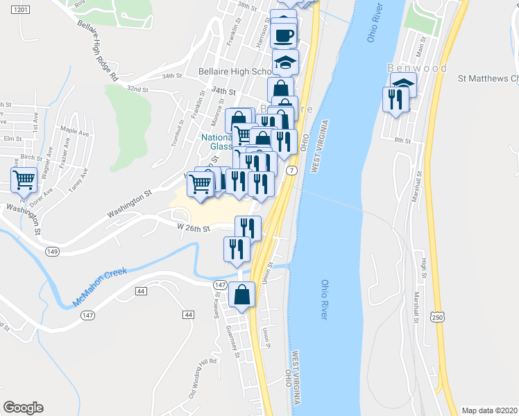 map of restaurants, bars, coffee shops, grocery stores, and more near 201 29th Street in Bellaire