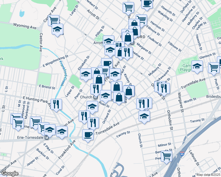 map of restaurants, bars, coffee shops, grocery stores, and more near 4342 Paul Street in Philadelphia