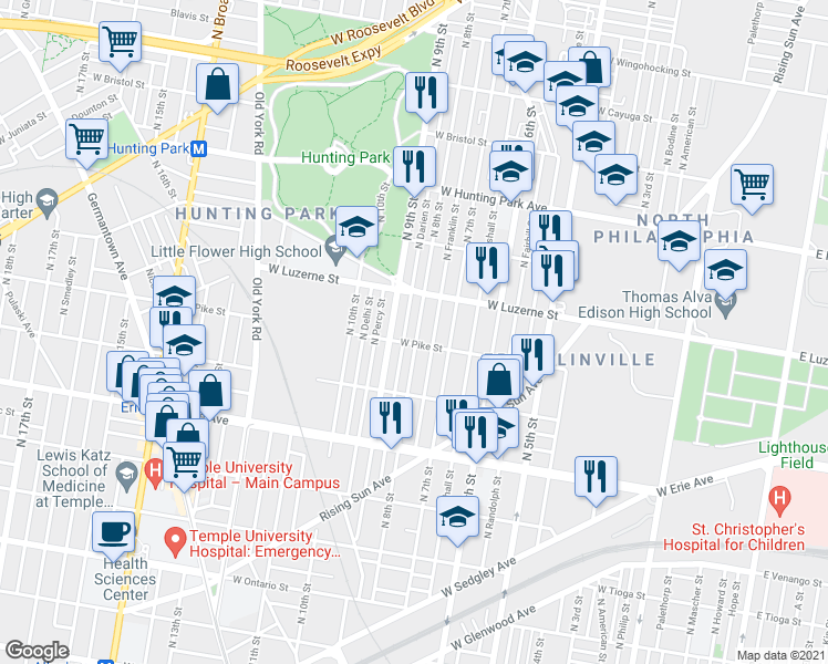 map of restaurants, bars, coffee shops, grocery stores, and more near 3912 North 8th Street in Philadelphia