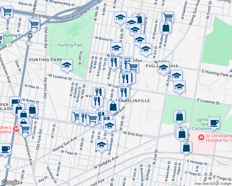 map of restaurants, bars, coffee shops, grocery stores, and more near 3934 North Fairhill Street in Philadelphia