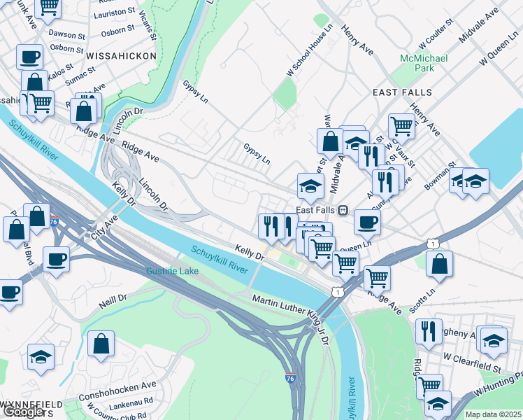 map of restaurants, bars, coffee shops, grocery stores, and more near 3724 Merrick Road in Philadelphia