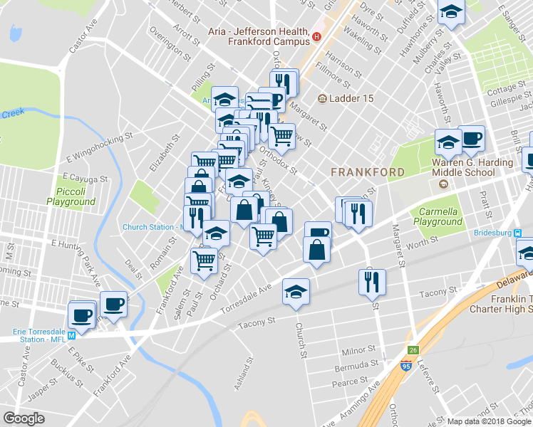 map of restaurants, bars, coffee shops, grocery stores, and more near 1705 Unity Street in Philadelphia