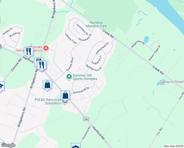 map of restaurants, bars, coffee shops, grocery stores, and more near 18 Foxglove Drive in Delran