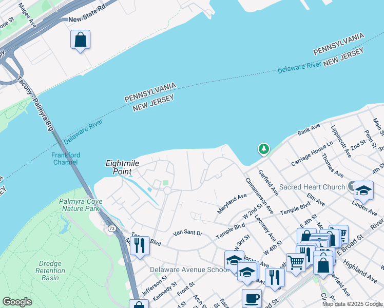 map of restaurants, bars, coffee shops, grocery stores, and more near 2071 Harbour Drive in Palmyra