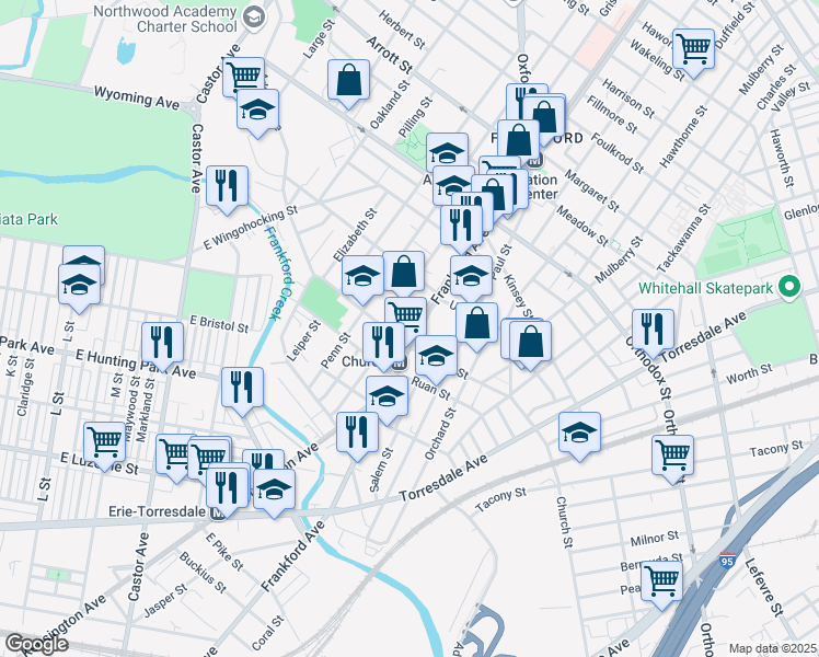 map of restaurants, bars, coffee shops, grocery stores, and more near in Philadelphia