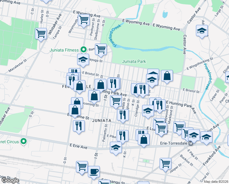 map of restaurants, bars, coffee shops, grocery stores, and more near 4140 J Street in Philadelphia