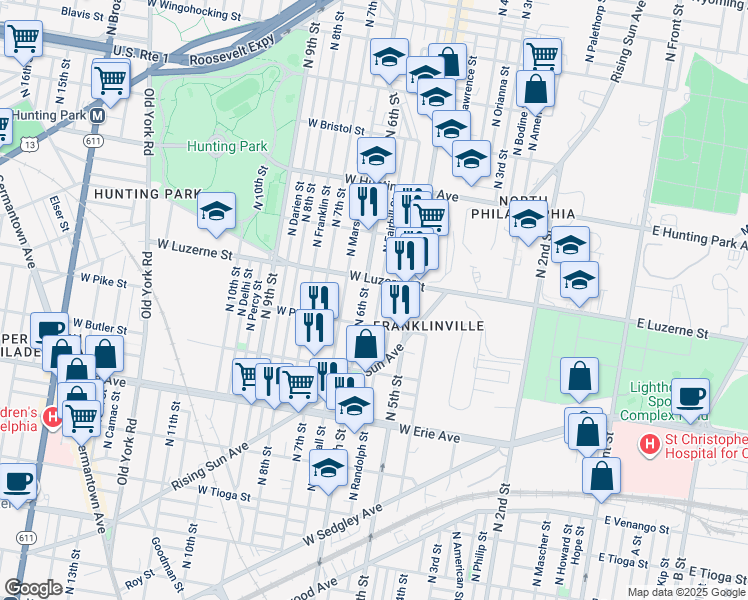 map of restaurants, bars, coffee shops, grocery stores, and more near 3936 North Fairhill Street in Philadelphia