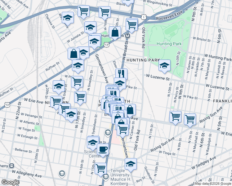 map of restaurants, bars, coffee shops, grocery stores, and more near in Philadelphia
