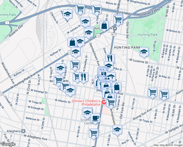 map of restaurants, bars, coffee shops, grocery stores, and more near 3759 North Sydenham Street in Philadelphia