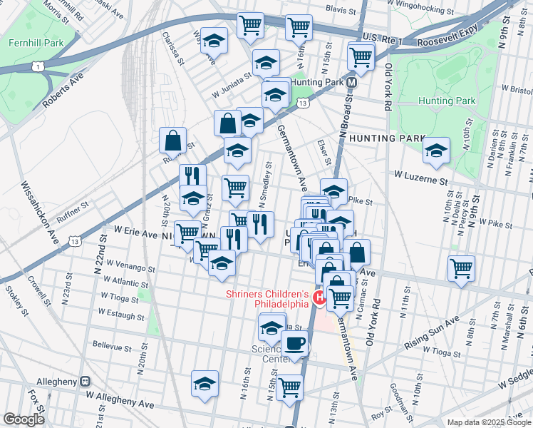 map of restaurants, bars, coffee shops, grocery stores, and more near 3742 North 16th Street in Philadelphia