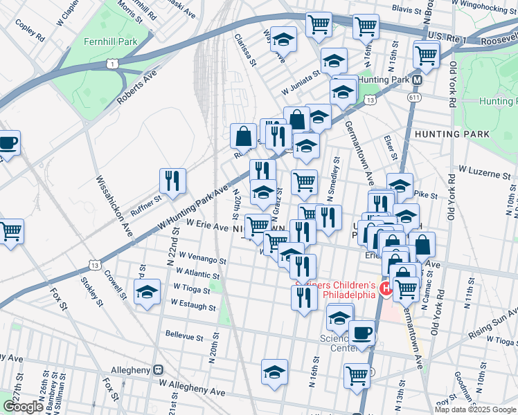 map of restaurants, bars, coffee shops, grocery stores, and more near 3727 North 19th Street in Philadelphia