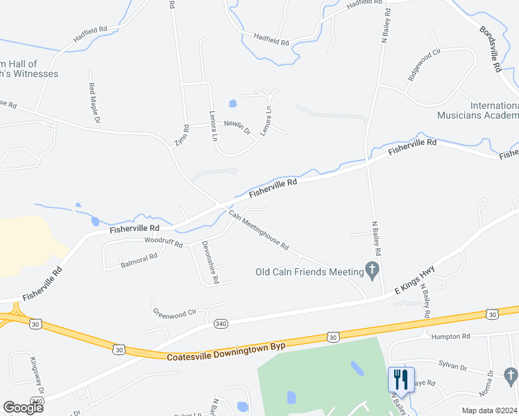 map of restaurants, bars, coffee shops, grocery stores, and more near 1217 Caln Meetinghouse Road in Coatesville
