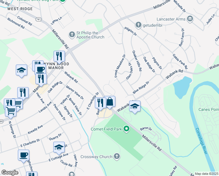 map of restaurants, bars, coffee shops, grocery stores, and more near 165 Oak Knoll Circle in Millersville