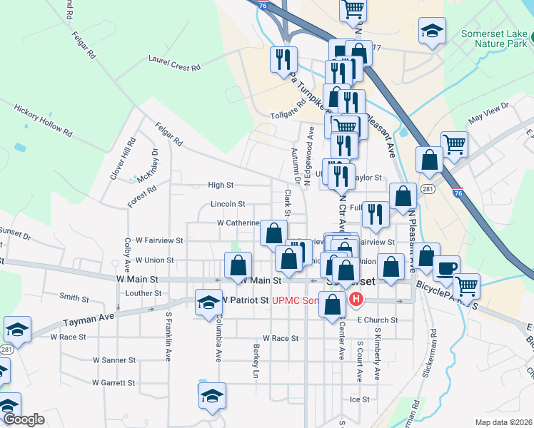 map of restaurants, bars, coffee shops, grocery stores, and more near 331 North Rosina Avenue in Somerset