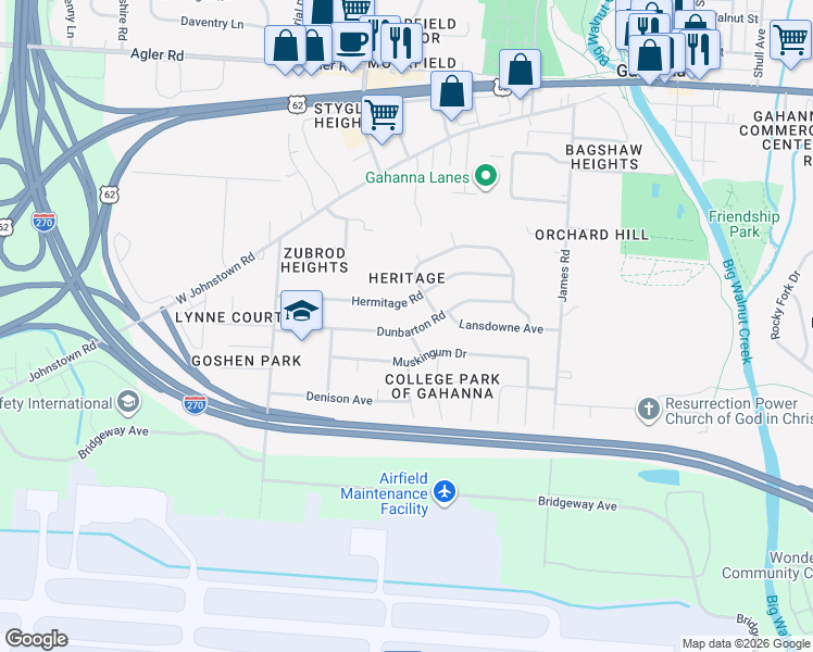 map of restaurants, bars, coffee shops, grocery stores, and more near 352 Albion Way in Gahanna